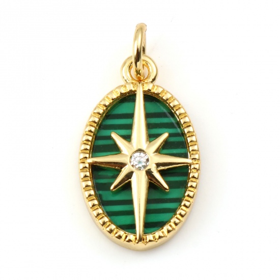 Picture of Copper & Malachite Galaxy Charms Gold Plated Green Oval Star Clear Rhinestone 21mm x 11mm, 1 Piece