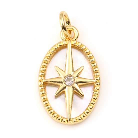 Picture of Copper & Shell Galaxy Charms Gold Plated White Oval Star Clear Rhinestone 21mm x 11mm, 1 Piece