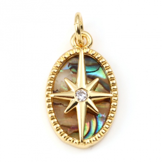 Picture of Copper & Shell Galaxy Charms Gold Plated Multicolor Oval Star Clear Rhinestone 21mm x 11mm, 1 Piece