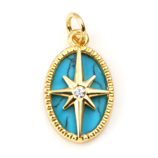 Picture of Copper & Turquoise Galaxy Charms Gold Plated Blue Oval Star Clear Rhinestone 21mm x 11mm, 1 Piece