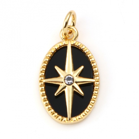 Picture of Copper & Synthetic Stone Galaxy Charms Gold Plated Black Oval Star Clear Rhinestone 21mm x 11mm, 1 Piece