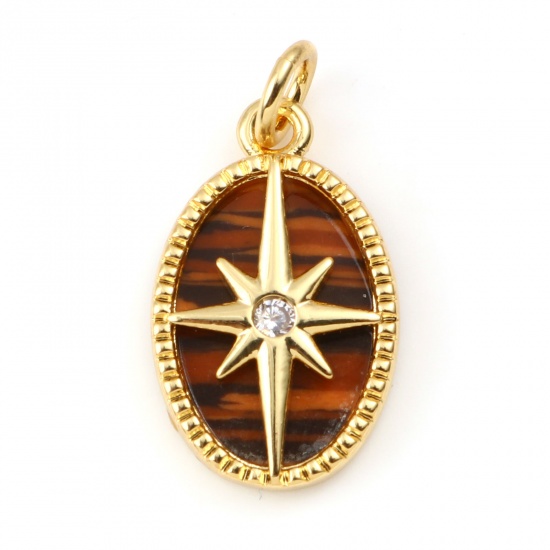 Picture of Copper & Tiger's Eyes Galaxy Charms Gold Plated Brown Oval Star Clear Rhinestone 21mm x 11mm, 1 Piece