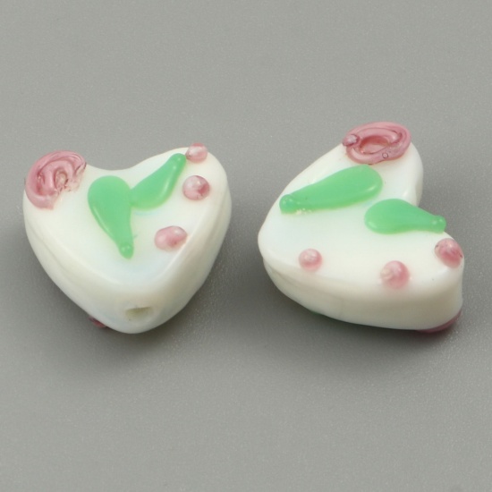 Bild von Muranoglas Valentinstag Perlen Herz Weiß Blätter ca 16mm x 14mm, Loch:ca. 1.5mm, 2 Stück