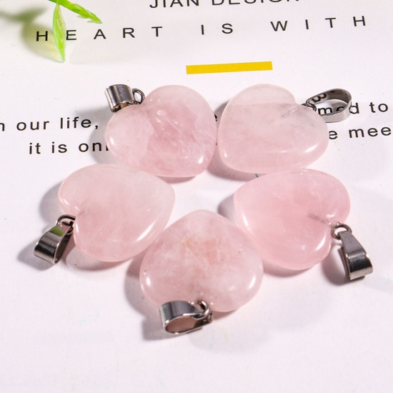 Picture of Rose Quartz ( Natural ) Charms Silver Tone Light Pink Heart 20mm x 20mm, 10 PCs