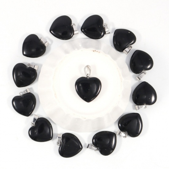 Picture of Glass ( Synthetic ) Charms Silver Tone Black Heart 20mm x 20mm, 10 PCs