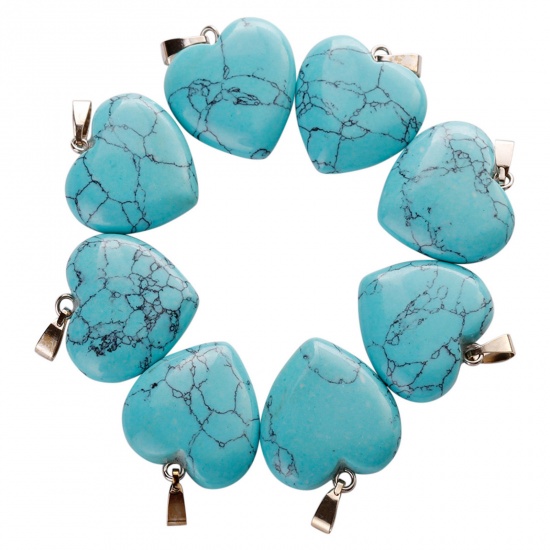Picture of Turquoise ( Synthetic ) Charms Silver Tone Green Heart 20mm x 20mm, 10 PCs