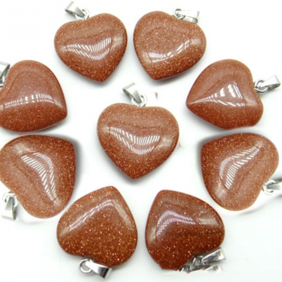 Picture of Gold Sand Stone ( Synthetic ) Charms Silver Tone Brown Heart 20mm x 20mm, 10 PCs