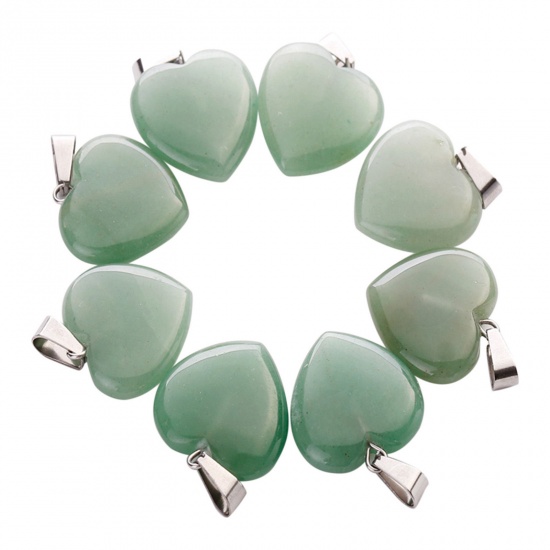 Picture of Green Aventurine ( Natural ) Charms Silver Tone Green Heart 20mm x 20mm, 10 PCs