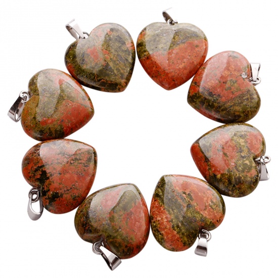 Picture of Unakite ( Natural ) Charms Silver Tone Grass Green Heart 20mm x 20mm, 10 PCs