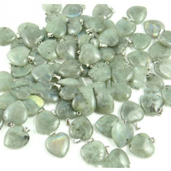 Picture of Labradorite ( Natural ) Charms Silver Tone Light Green Heart 20mm x 20mm, 10 PCs
