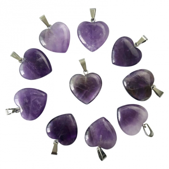 Picture of Amethyst ( Natural ) Charms Silver Tone Purple Heart 20mm x 20mm, 10 PCs