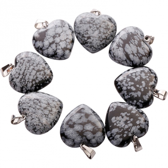 Picture of Stone ( Synthetic ) Charms Silver Tone Light Black Heart 20mm x 20mm, 10 PCs