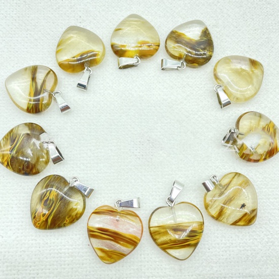Picture of Glass ( Synthetic ) Charms Silver Tone Light Brown Heart 20mm x 20mm, 10 PCs