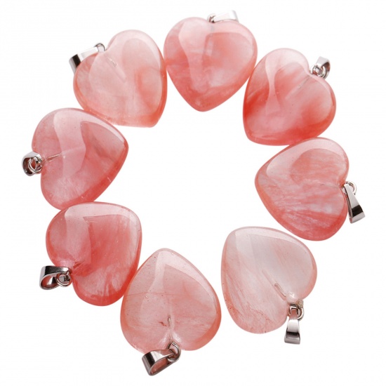 Picture of Cherry Quartz ( Synthetic ) Charms Silver Tone Light Red Heart 20mm x 20mm, 10 PCs