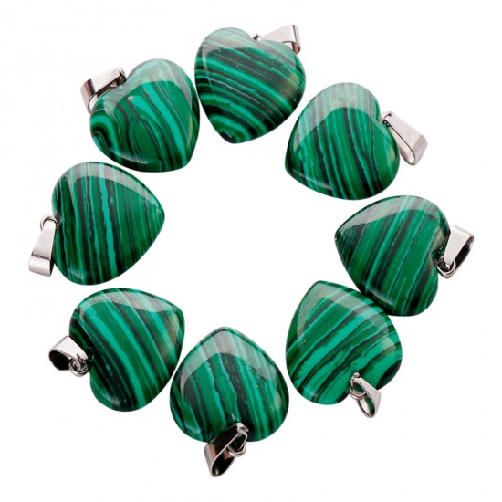 Picture of Malachite ( Synthetic ) Charms Silver Tone Green Heart 20mm x 20mm, 10 PCs