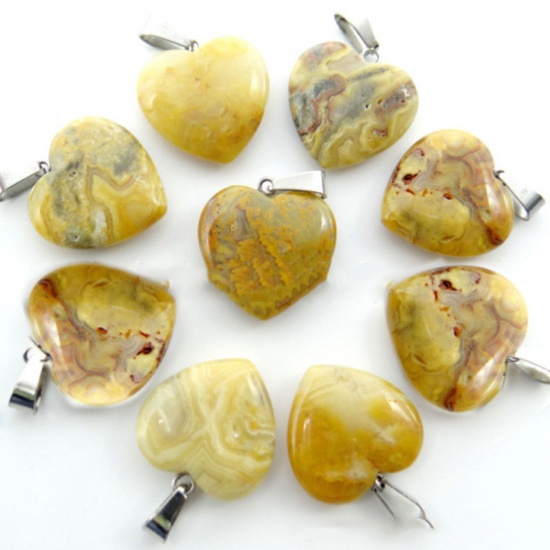 Picture of Agate ( Natural ) Charms Silver Tone Beige Heart 20mm x 20mm, 10 PCs