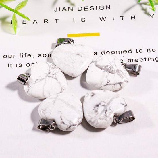 Picture of Howlite ( Natural ) Charms Silver Tone White Heart 20mm x 20mm, 10 PCs