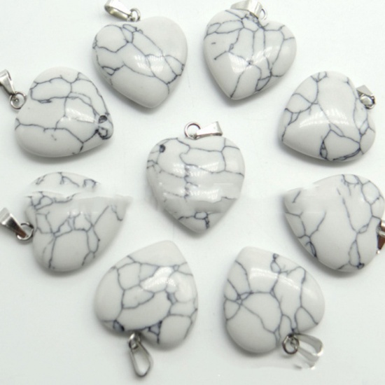 Picture of Howlite ( Synthetic ) Charms Silver Tone White Heart 20mm x 20mm, 10 PCs