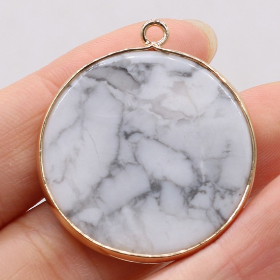 Picture of Howlite ( Mix ) Pendants Gold Plated Grayish White Round 35mm x 30mm, 1 Piece