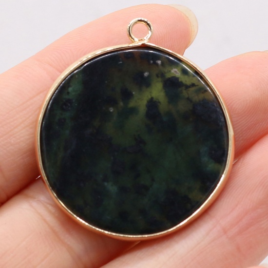 Picture of Stone ( Natural ) Pendants Gold Plated Dark Green Round 35mm x 30mm, 1 Piece