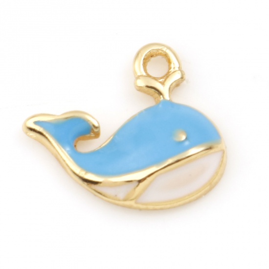 Picture of Copper Charms Whale Animal Real Gold Plated Blue Enamel 11mm x 8mm, 2 PCs