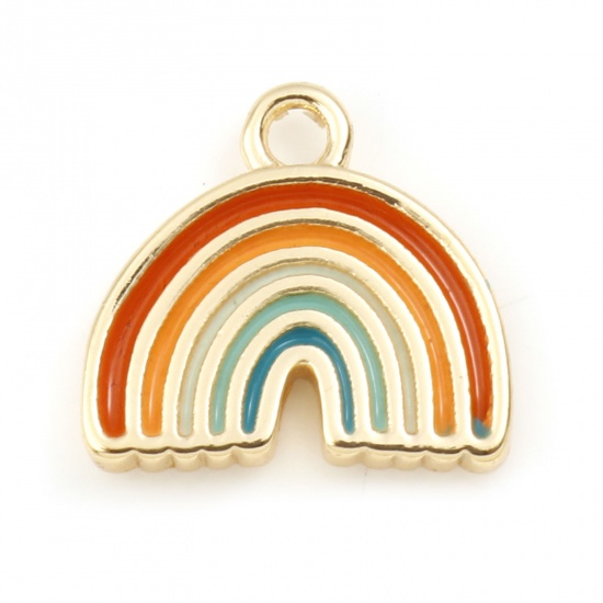 Picture of Copper Charms Rainbow Real Gold Plated Multicolor Enamel 10mm x 10mm, 2 PCs