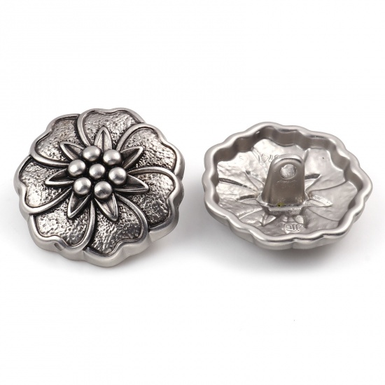 Picture of Zinc Based Alloy Flora Collection Metal Sewing Shank Buttons Buttons Single Hole Antique Silver Color Flower Carved 18mm Dia., 5 PCs