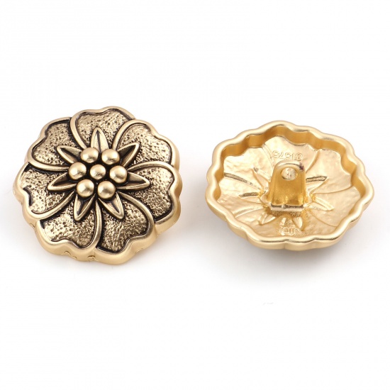 Picture of Zinc Based Alloy Flora Collection Metal Sewing Shank Buttons Buttons Single Hole Gold Tone Antique Gold Flower Carved 23mm Dia., 5 PCs