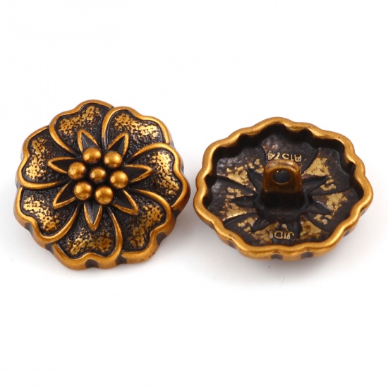 Picture of Zinc Based Alloy Flora Collection Metal Sewing Shank Buttons Buttons Single Hole Bronzed Flower Carved 25mm Dia., 5 PCs