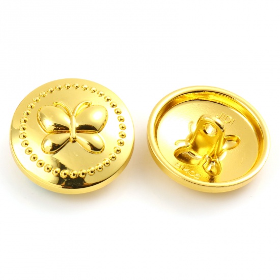 Picture of Zinc Based Alloy Insect Metal Sewing Shank Buttons Buttons Single Hole Round Gold Plated Butterfly Carved 15mm Dia., 5 PCs