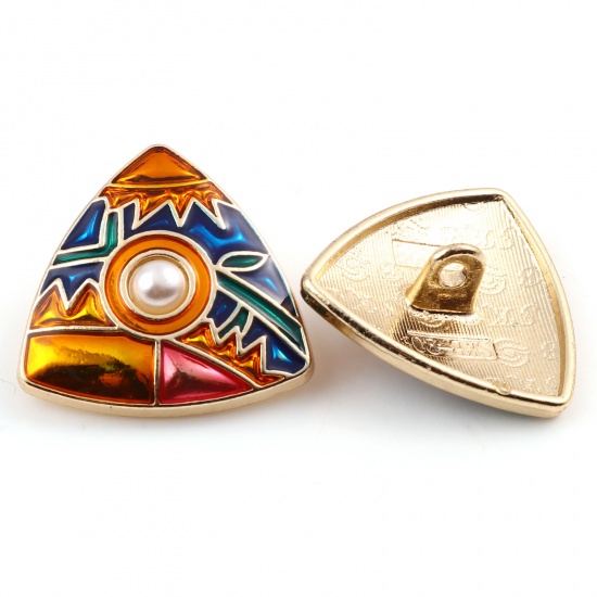 Picture of Zinc Based Alloy Metal Sewing Shank Buttons Buttons Single Hole Triangle Gold Plated Multicolor Enamel 21mm x 20mm, 3 PCs