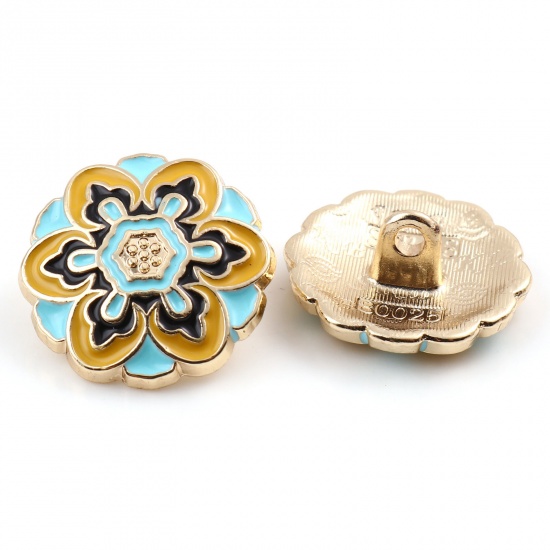 Picture of Zinc Based Alloy Flora Collection Metal Sewing Shank Buttons Buttons Single Hole Round Gold Plated Multicolor Flower Carved Enamel 18mm Dia., 3 PCs