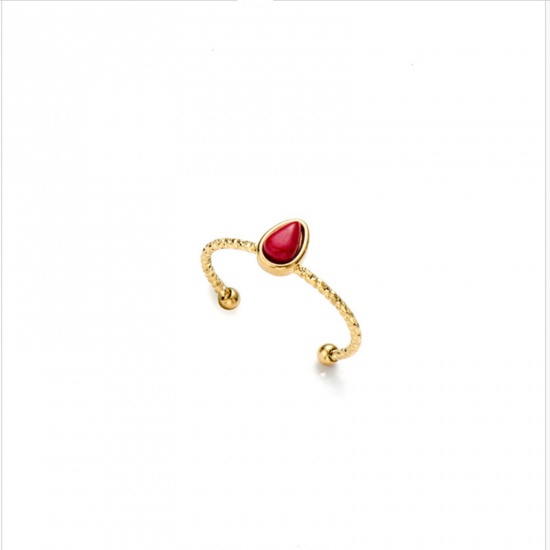 Picture of Stainless Steel & Gemstone Open Rings 14K Gold Plated Red Drop 18mm(US Size 7.75), 1 Piece