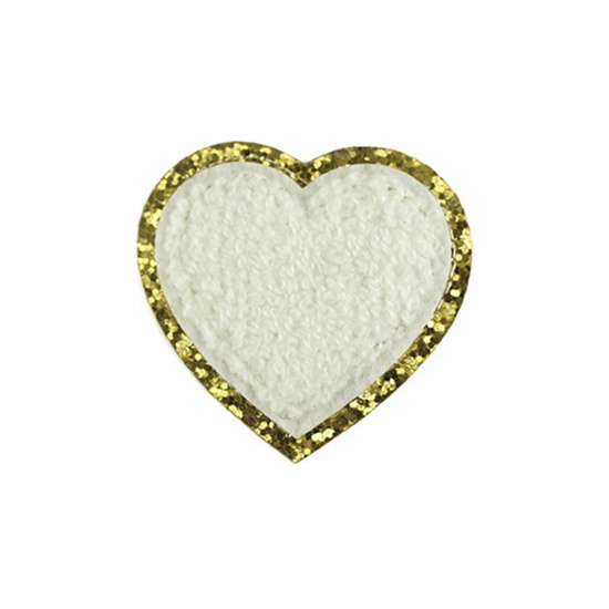 Picture of Fabric Valentine's Day Iron On Patches Appliques (With Glue Back) Craft White Heart 5cm x 5cm, 5 PCs