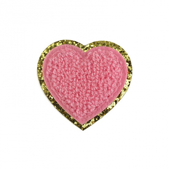 Picture of Fabric Valentine's Day Iron On Patches Appliques (With Glue Back) Craft Pink Heart 5cm x 5cm, 5 PCs