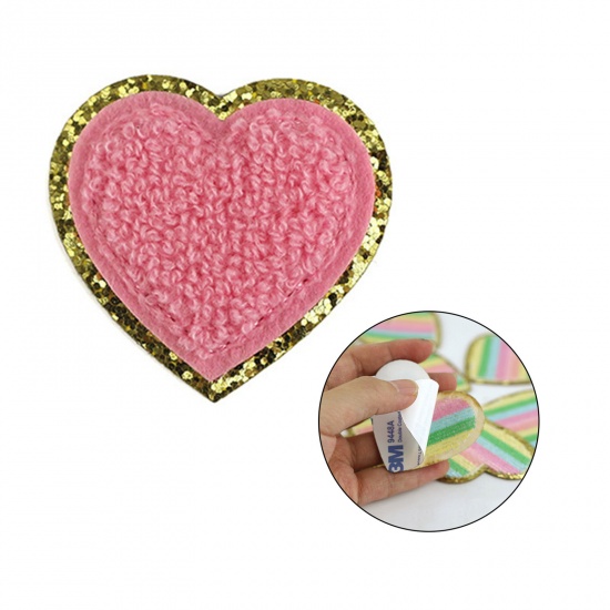 Picture of Fabric Valentine's Day Appliques Patches DIY Scrapbooking Craft Pink Heart Self Adhesive 5cm x 5cm, 5 PCs