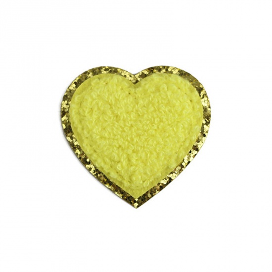 Picture of Fabric Valentine's Day Iron On Patches Appliques (With Glue Back) Craft Pale Yellow Heart 5cm x 5cm, 5 PCs