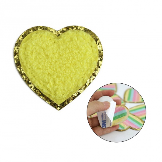 Picture of Fabric Valentine's Day Appliques Patches DIY Scrapbooking Craft Pale Yellow Heart Self Adhesive 5cm x 5cm, 5 PCs