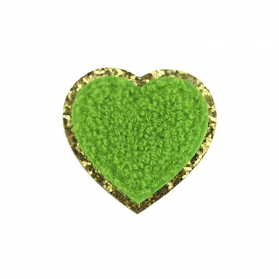 Picture of Fabric Valentine's Day Iron On Patches Appliques (With Glue Back) Craft Green Heart 5cm x 5cm, 5 PCs