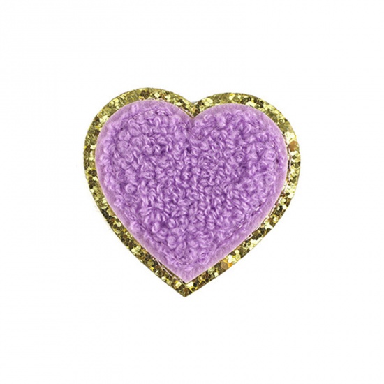 Picture of Fabric Valentine's Day Iron On Patches Appliques (With Glue Back) Craft Purple Heart 5cm x 5cm, 5 PCs
