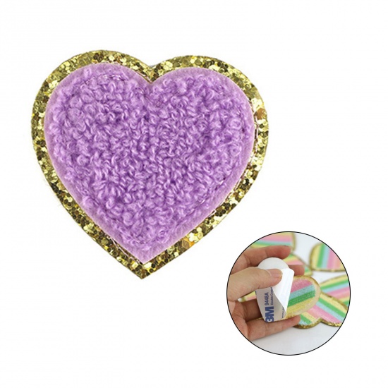Picture of Fabric Valentine's Day Appliques Patches DIY Scrapbooking Craft Purple Heart Self Adhesive 5cm x 5cm, 5 PCs