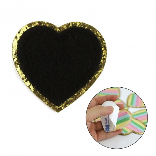 Picture of Fabric Valentine's Day Appliques Patches DIY Scrapbooking Craft Black Heart Self Adhesive 5cm x 5cm, 5 PCs