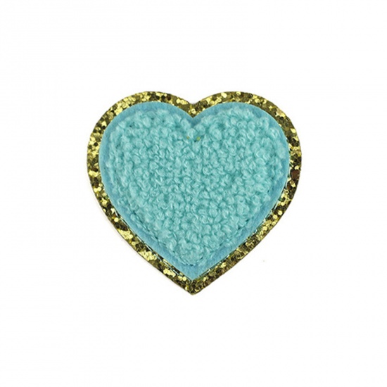 Picture of Fabric Valentine's Day Iron On Patches Appliques (With Glue Back) Craft Aqua Blue Heart 5cm x 5cm, 5 PCs