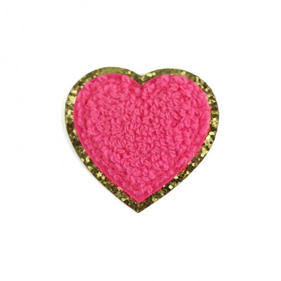 Picture of Fabric Valentine's Day Iron On Patches Appliques (With Glue Back) Craft Fuchsia Heart 5cm x 5cm, 5 PCs