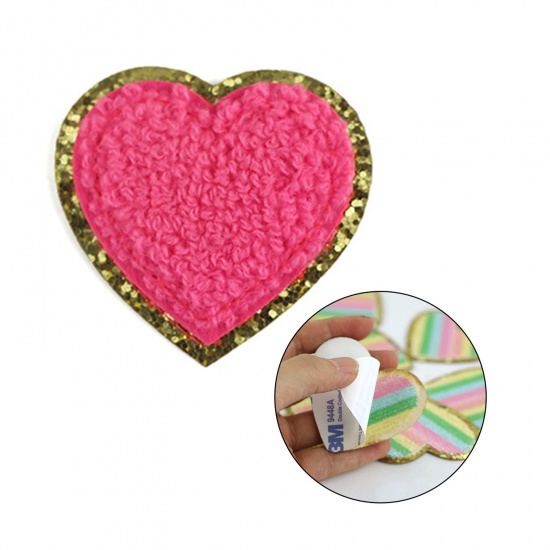 Picture of Fabric Valentine's Day Appliques Patches DIY Scrapbooking Craft Fuchsia Heart Self Adhesive 5cm x 5cm, 5 PCs