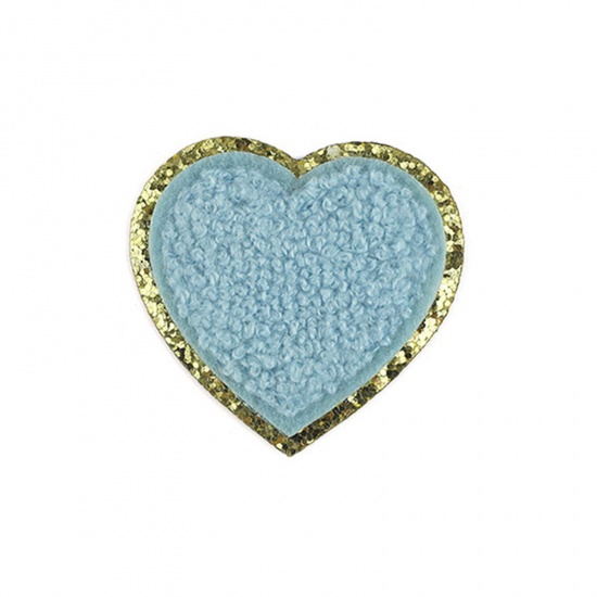 Picture of Fabric Valentine's Day Iron On Patches Appliques (With Glue Back) Craft Light Blue Heart 5cm x 5cm, 5 PCs