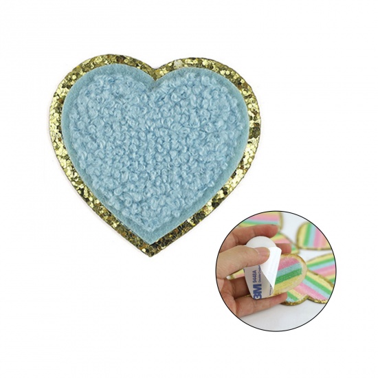 Picture of Fabric Valentine's Day Appliques Patches DIY Scrapbooking Craft Light Blue Heart Self Adhesive 5cm x 5cm, 5 PCs