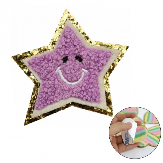 Picture of Fabric Galaxy Appliques Patches DIY Scrapbooking Craft Purple Star Smile Self Adhesive 6.5cm x 6.5cm, 5 PCs