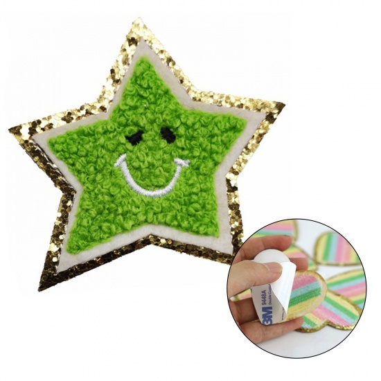 Picture of Fabric Galaxy Appliques Patches DIY Scrapbooking Craft Green Star Smile Self Adhesive 6.5cm x 6.5cm, 5 PCs