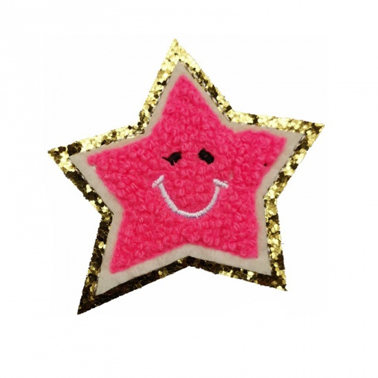 Picture of Fabric Galaxy Iron On Patches Appliques (With Glue Back) Craft Fuchsia Star Smile 6.5cm x 6.5cm, 5 PCs